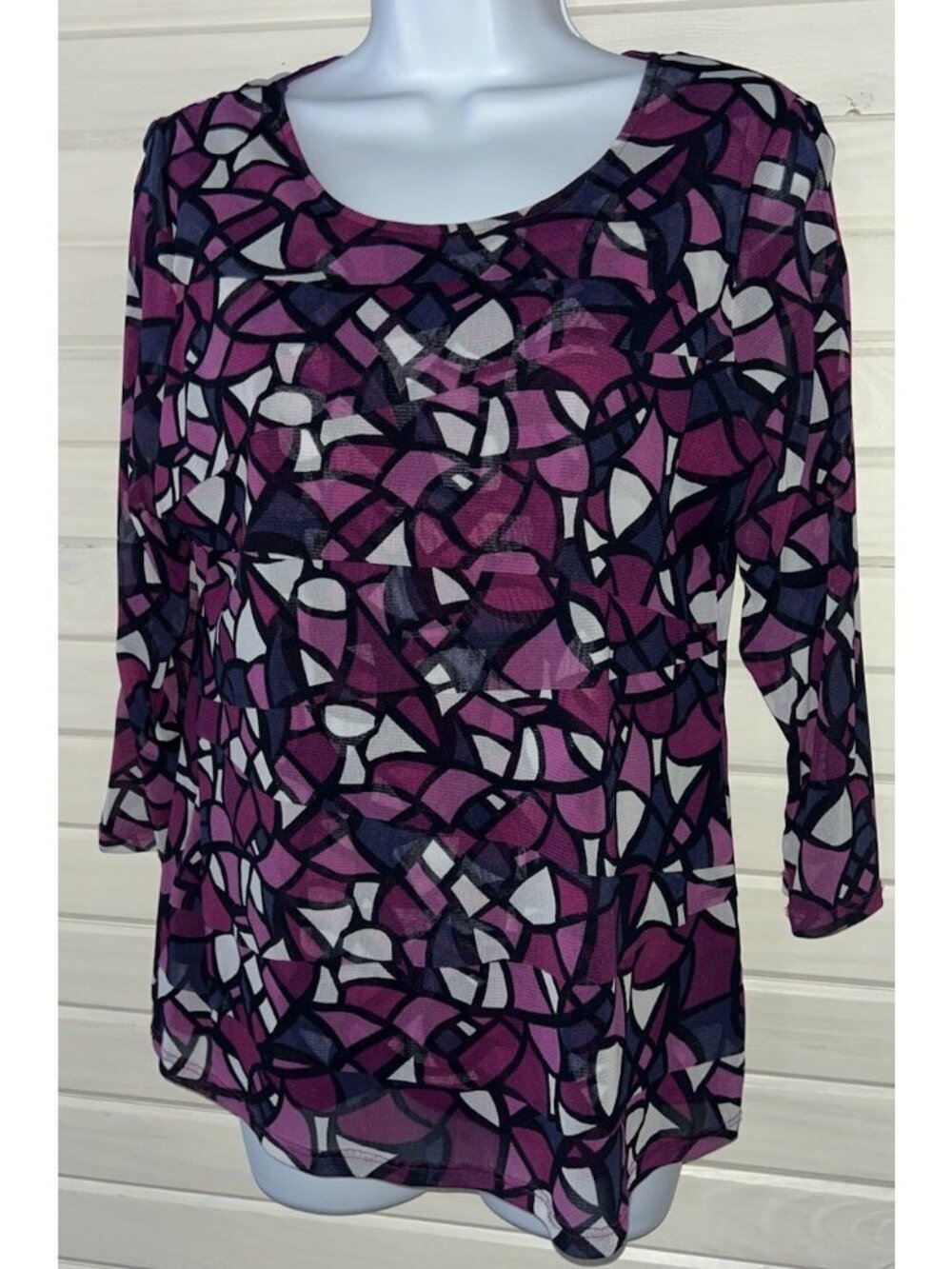 ALFANI Sz PETITE LARGE PL Purple Geometric Blouse Shirt Nylon Mesh Layered EUC